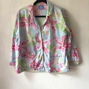 Pine Cone Hill Women's Pajama Set Size L‎ Blue Floral Cotton Sleepwear Top Pants